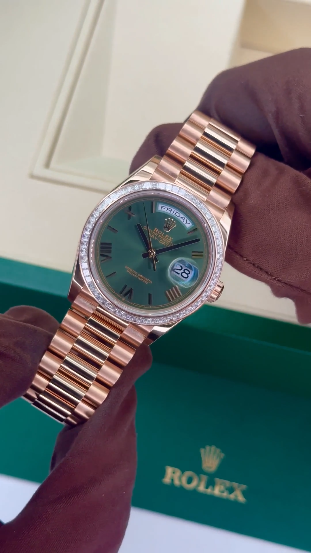 Rolex Day-Date 36mm 128395TBR Presidential Rose Gold Green Dial